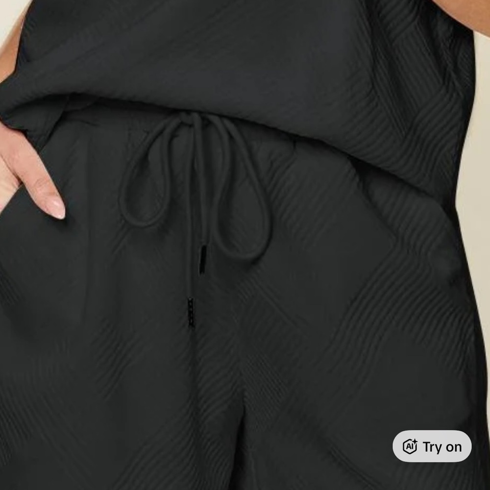Double Take Black Textured Travel Lounge Outfit Set Top and Shorts Large - Picture 8 of 8
